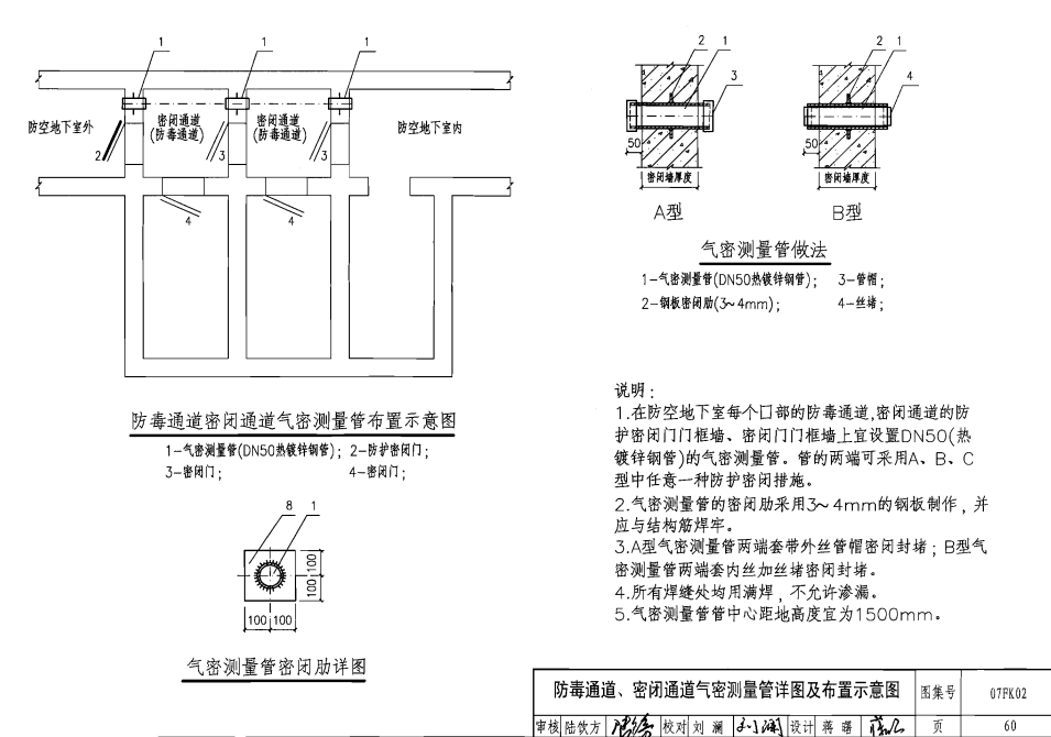 人防通風套管圖集07fk02---60（防毒通道、密閉通道氣密測量管詳圖及布置示意圖）